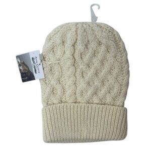 Aran Crafts Aran Heart Pattern Cream Cable Knit Beanie Hat.